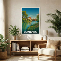 Affiche souvenir de la ville de Longvic avec une illustration stylisée d'un paysage de rivière et d'un pont.