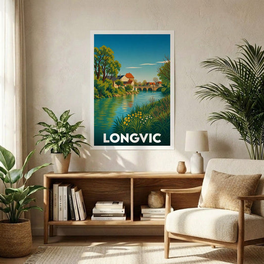Affiche souvenir de la ville de Longvic avec une illustration stylisée d'un paysage de rivière et d'un pont.
