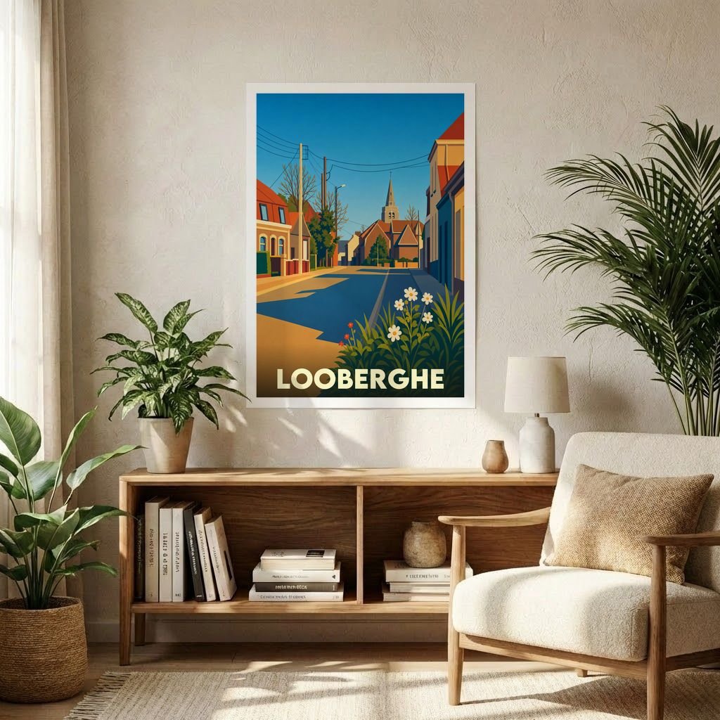 Affiche souvenir de la ville de Looberghe avec une illustration stylisée et colorée d'une rue typique.