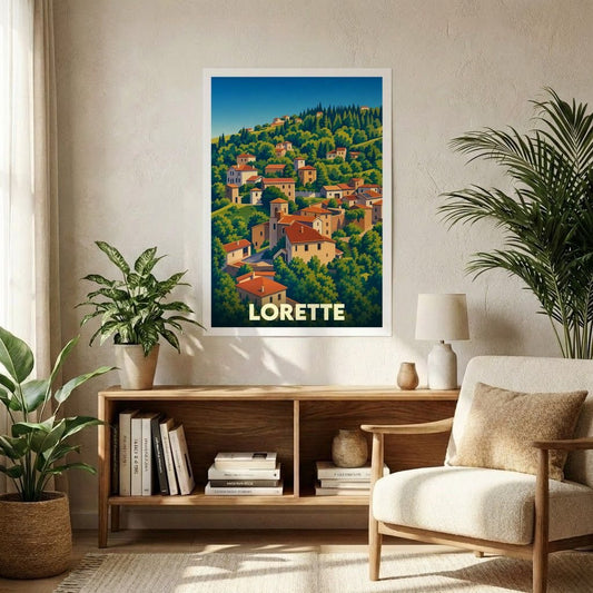 Affiche souvenir de la ville de Lorette avec une illustration stylisée d'un village perché ensoleillé.