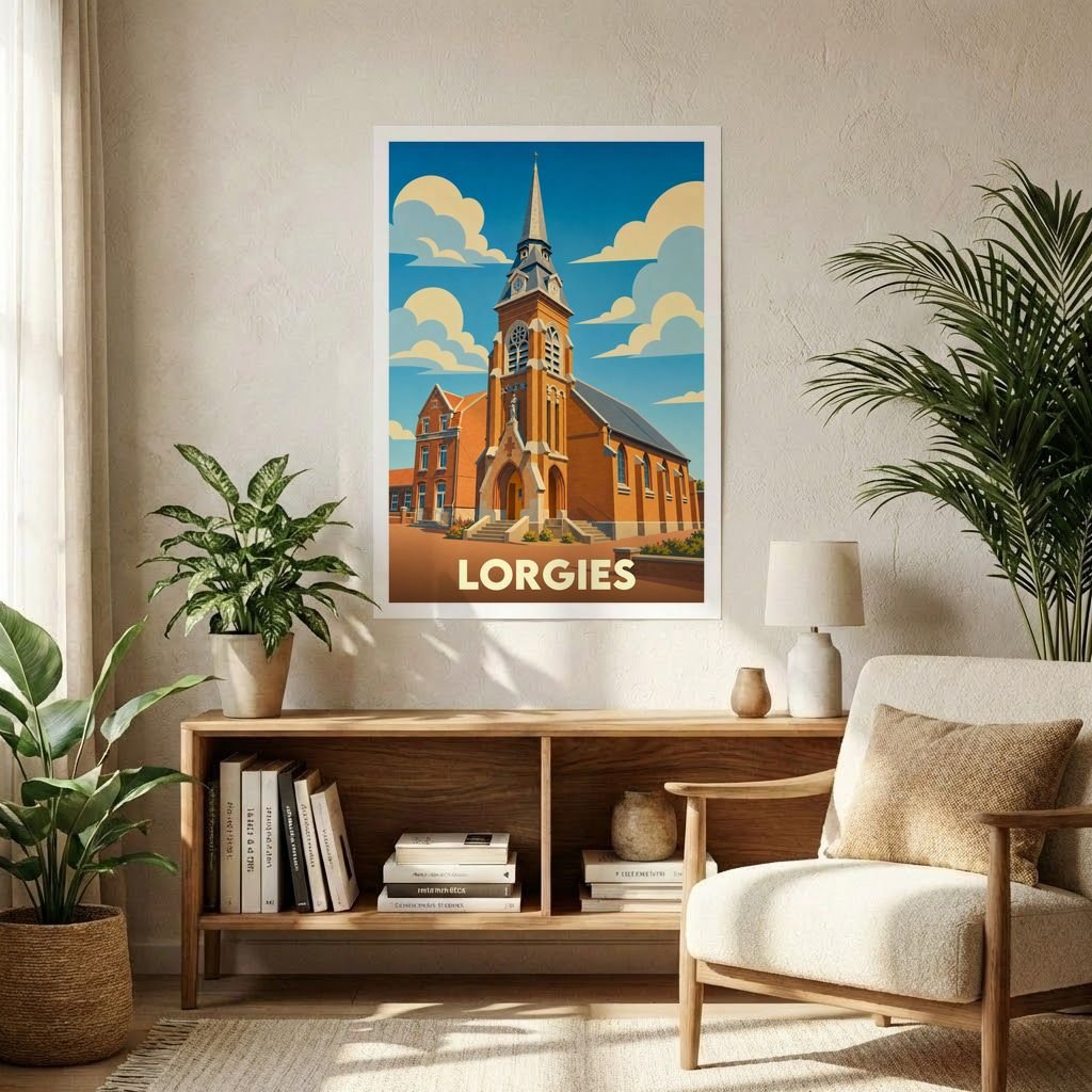 Affiche souvenir de la ville de Lorgies avec une illustration stylisée de son église sous un ciel nuageux.