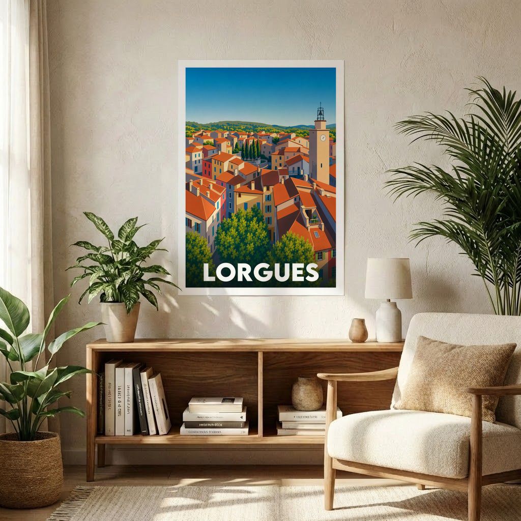 Affiche souvenir de la ville de Lorgues présentant une illustration stylisée et colorée de ses toits provençaux.