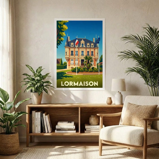 Affiche souvenir de la ville de Lormaison avec une illustration stylisée de sa mairie.