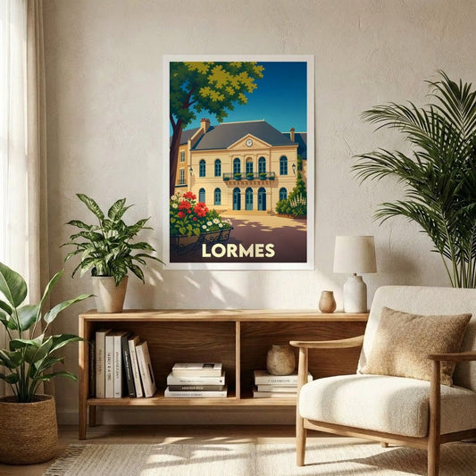 Affiche souvenir de la ville de Lormes avec une illustration stylisée d'un bâtiment historique.