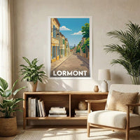 Affiche souvenir de la ville de Lormont avec une illustration stylisée d'une ruelle ensoleillée.