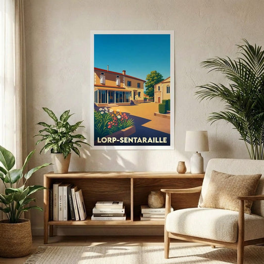 Affiche souvenir de la ville de Lorp-Sentaraille avec une illustration stylisée et colorée de ses bâtiments sous un ciel bleu.