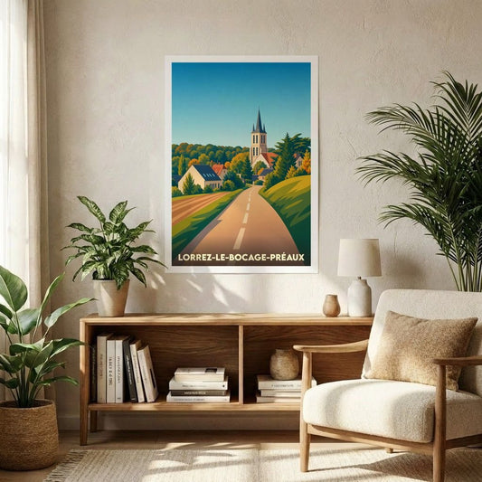 Affiche souvenir de la ville de Lorrez-le-Bocage-Préaux avec une illustration stylisée de son église et de sa campagne.