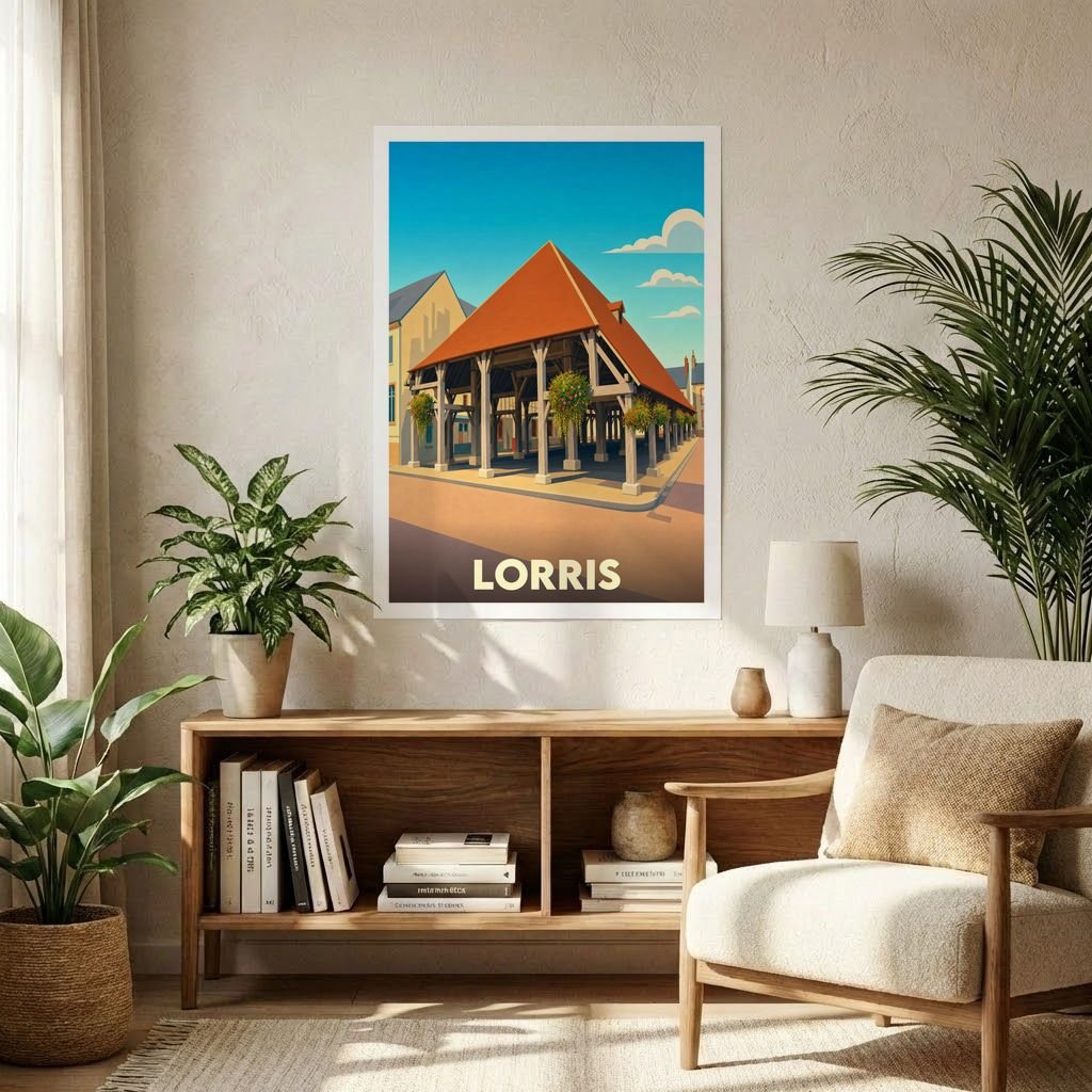 Affiche souvenir de la ville de Lorris avec une illustration stylisée de ses halles médiévales.