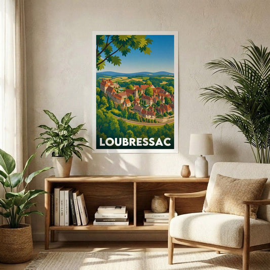 Affiche souvenir de la ville de Loubressac avec une illustration stylisée du village.