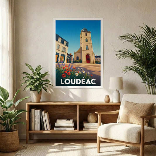 Affiche souvenir de la ville de Loudéac illustrant son église et son architecture locale dans un style rétro et coloré.