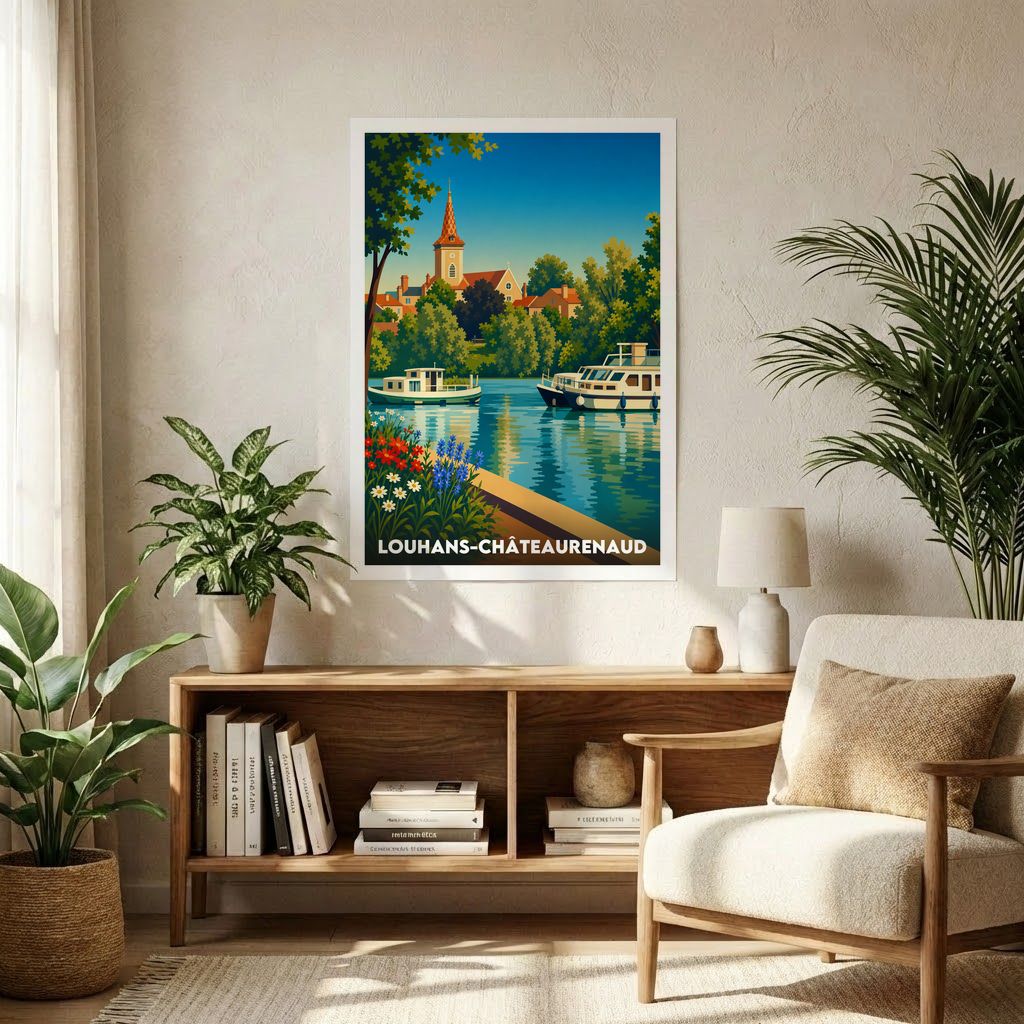 Affiche souvenir de la ville de Louhans-Châteaurenaud avec une illustration stylisée de son paysage fluvial.