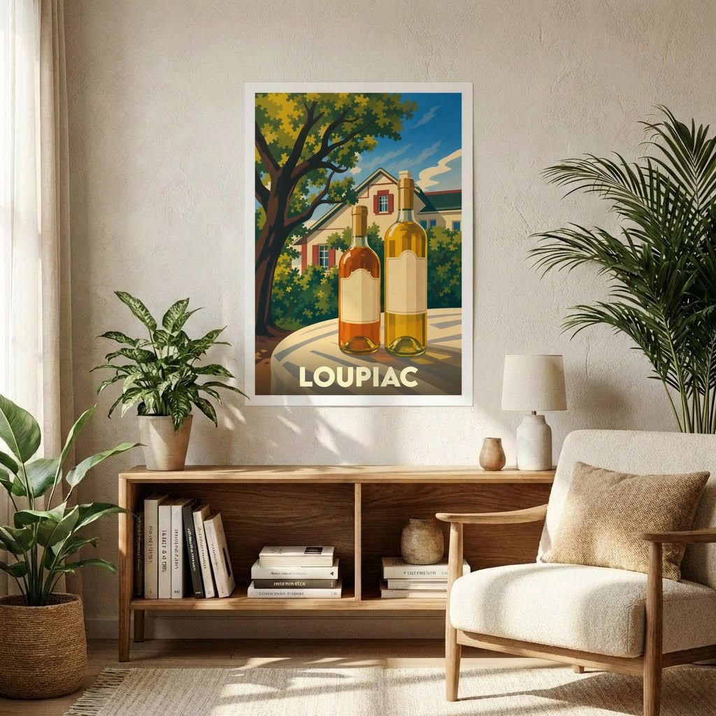 Affiche souvenir de la ville de Loupiac avec une illustration stylisée de bouteilles de vin devant une maison girondine.