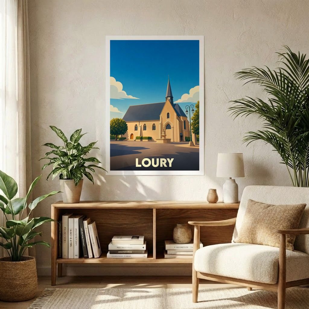 Affiche souvenir de la ville de Loury représentant son église dans un style graphique épuré.