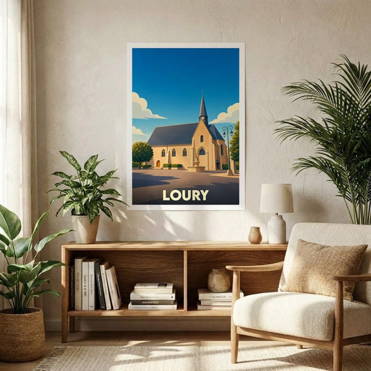 Affiche souvenir de la ville de Loury représentant son église dans un style graphique épuré.