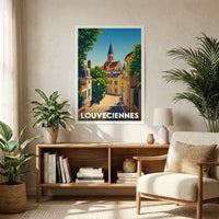 Affiche souvenir de la ville de Louveciennes avec une illustration stylisée d'une ruelle ensoleillée menant à l'église.
