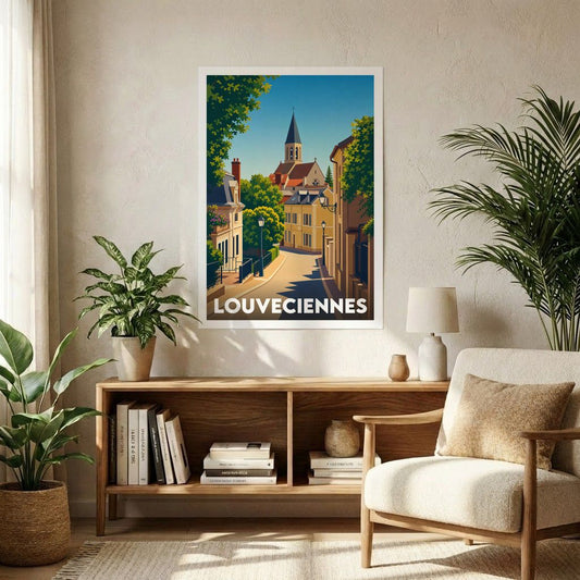 Affiche souvenir de la ville de Louveciennes avec une illustration stylisée d'une ruelle ensoleillée menant à l'église.