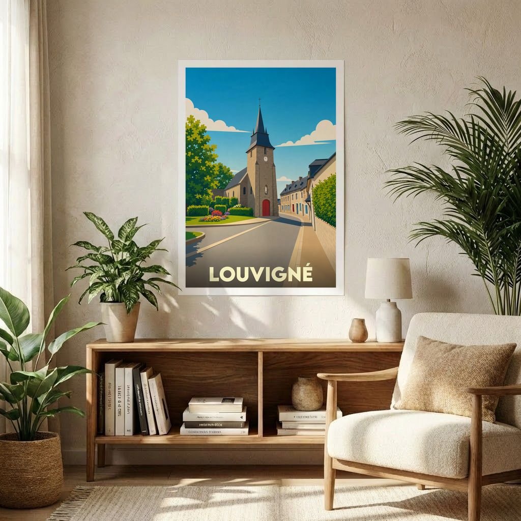 Affiche souvenir de la ville de Louvigné avec une illustration stylisée d'une église de campagne.