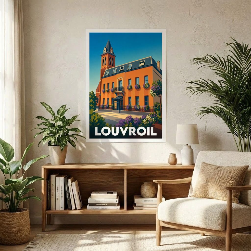Affiche souvenir de la ville de Louvroil illustrant son architecture typique dans un style coloré et épuré.