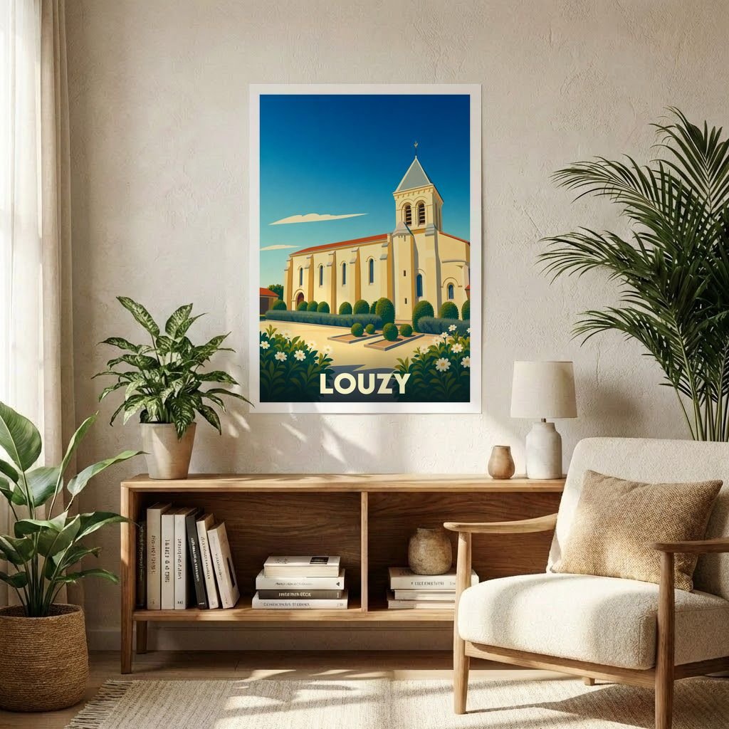 Affiche souvenir de la ville de Louzy avec une illustration stylisée de son église sous un ciel bleu.