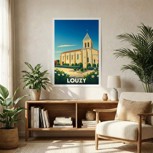 Affiche souvenir de la ville de Louzy avec une illustration stylisée de son église sous un ciel bleu.