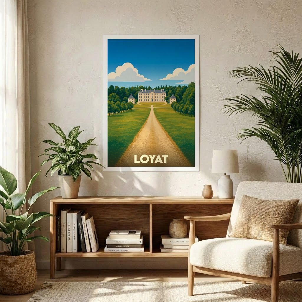 Affiche souvenir de la ville de Loyat avec une illustration stylisée représentant son château au bout d'une allée.