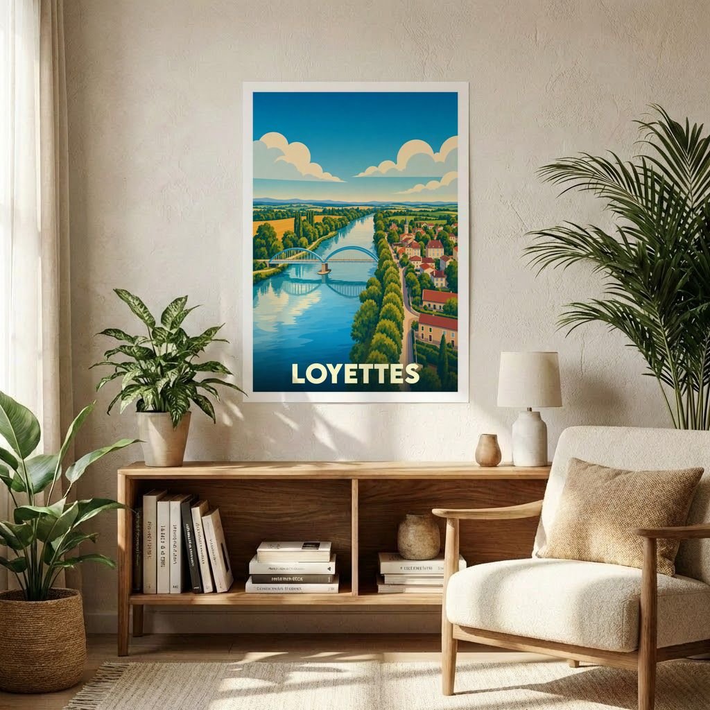 Affiche souvenir de la ville de Loyettes avec une illustration stylisée d'un pont enjambant un fleuve.