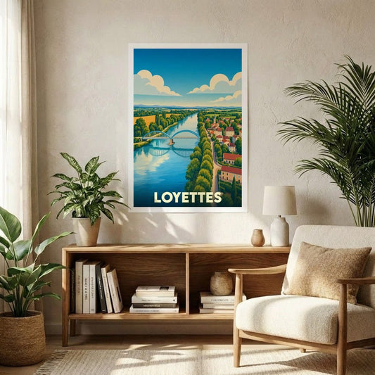 Affiche souvenir de la ville de Loyettes avec une illustration stylisée d'un pont enjambant un fleuve.