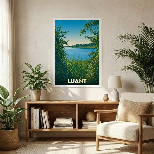 Affiche souvenir de la ville de Luant illustrant un paysage de lac paisible entouré de végétation.