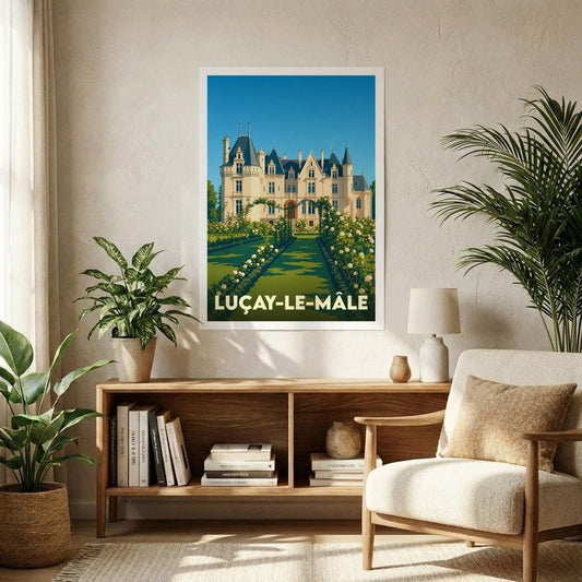 Affiche souvenir de la ville de Luçay-le-Mâle avec une illustration stylisée d'un château et de ses jardins.