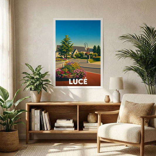 Affiche souvenir de la ville de Lucé avec une illustration stylisée.