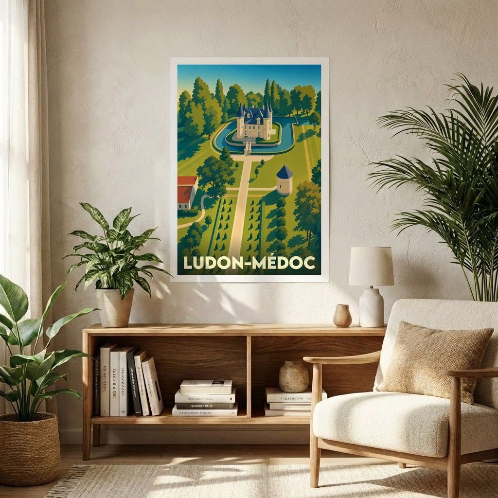 Affiche souvenir de la ville de Ludon-Médoc avec une illustration stylisée de son château et de ses jardins.