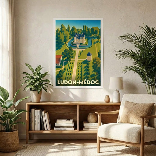 Affiche souvenir de la ville de Ludon-Médoc avec une illustration stylisée de son château et de ses jardins.
