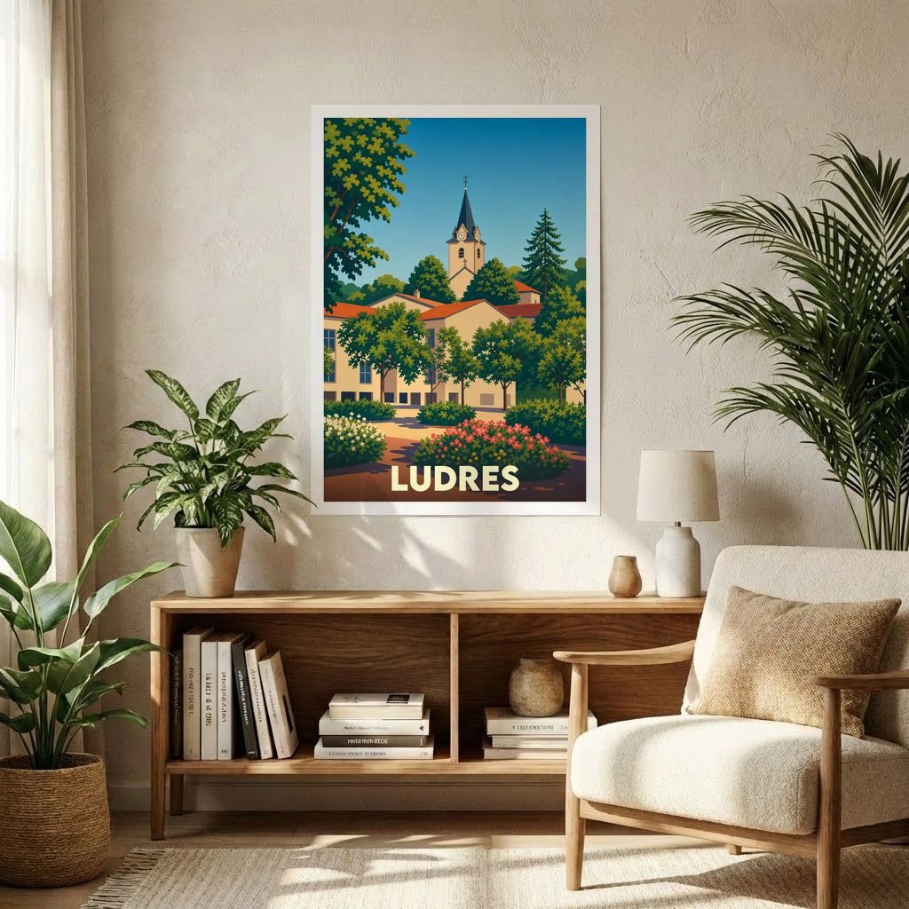 Affiche souvenir de la ville de Ludres avec une illustration stylisée d'un paysage urbain arboré.