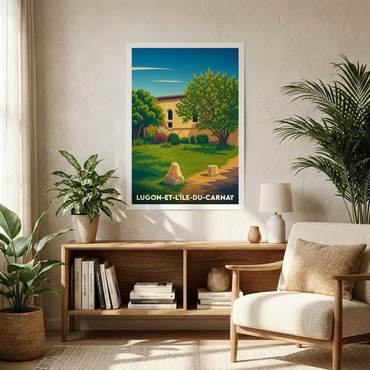 Affiche souvenir de la ville de Lugon-et-l'Île-du-Carnay avec une illustration paysagère stylisée.