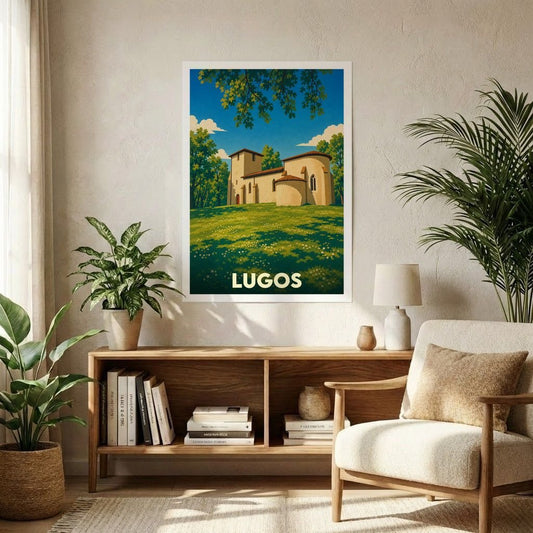 Affiche souvenir de la ville de Lugos avec une illustration stylisée d'une église romane dans un paysage verdoyant.