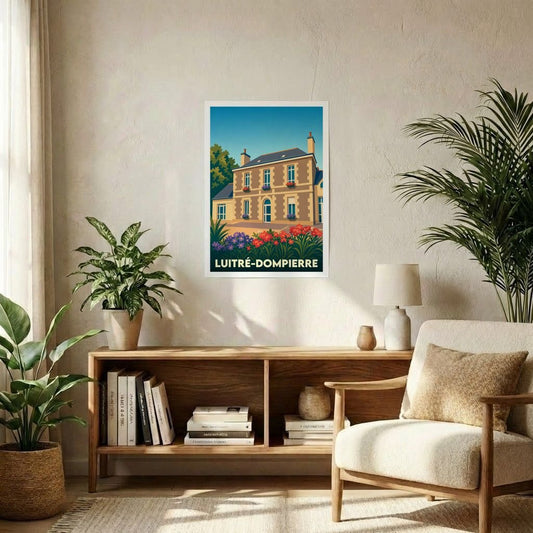 Affiche souvenir de la ville de Luitré-Dompierre illustrant une demeure traditionnelle dans un style vintage et coloré.