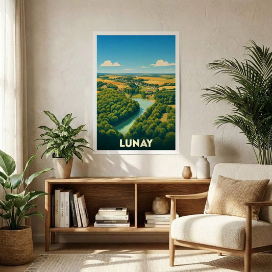 Affiche souvenir de la ville de Lunay représentant un paysage de vallée verdoyante dans un style graphique épuré.