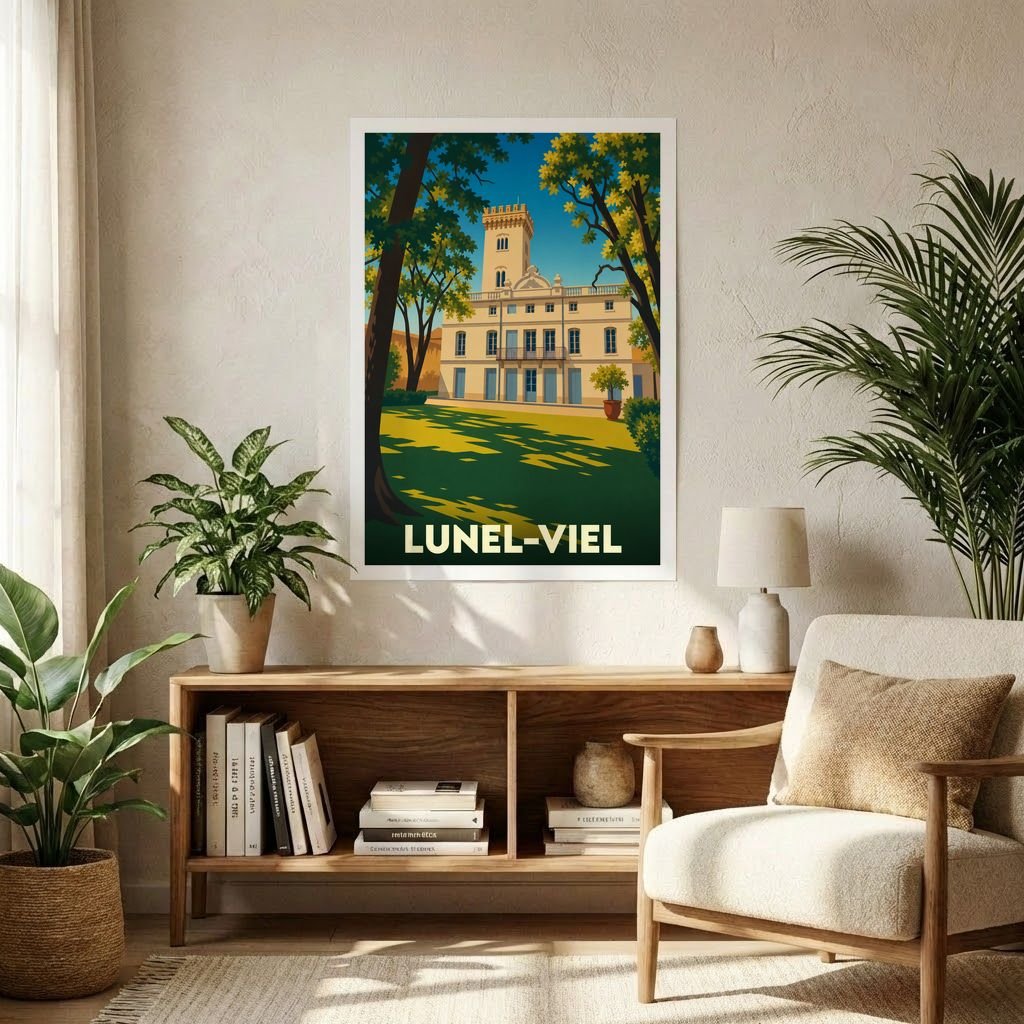 Affiche souvenir de la ville de Lunel-Viel représentant son château dans un style vintage coloré.