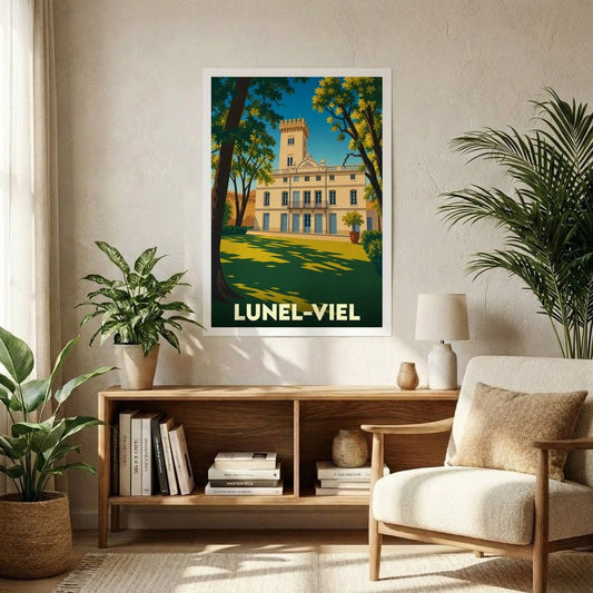 Affiche souvenir de la ville de Lunel-Viel avec une illustration stylisée d'un château ensoleillé.