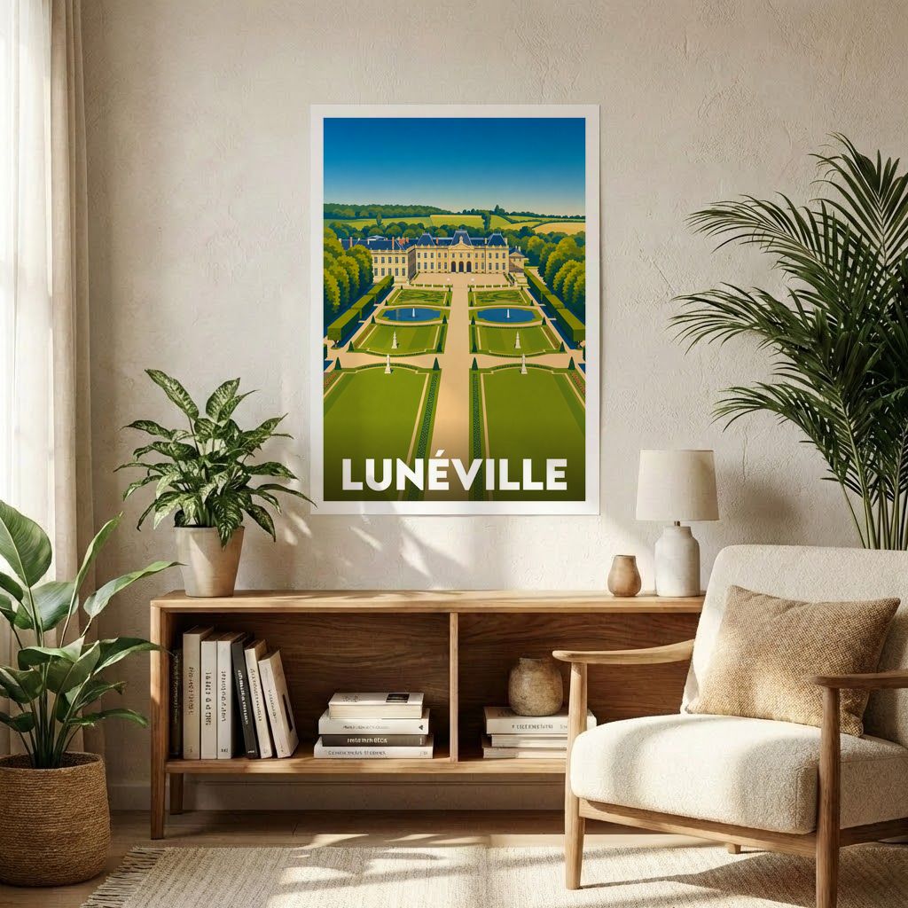 Affiche souvenir de la ville de Lunéville avec une illustration stylisée du château et de ses jardins.