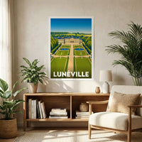 Affiche souvenir de la ville de Lunéville avec une illustration stylisée du château et de ses jardins.