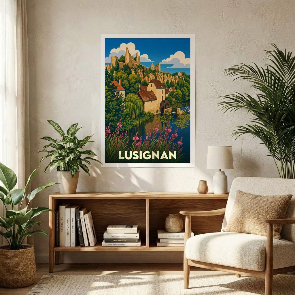 Affiche souvenir de la ville de Lusignan illustrant ses fortifications et un moulin au bord de l'eau dans un style rétro.