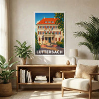 Affiche souvenir de la ville de Lutterbach représentant une illustration stylisée de l'hôtel de ville dans un décor intérieur moderne.