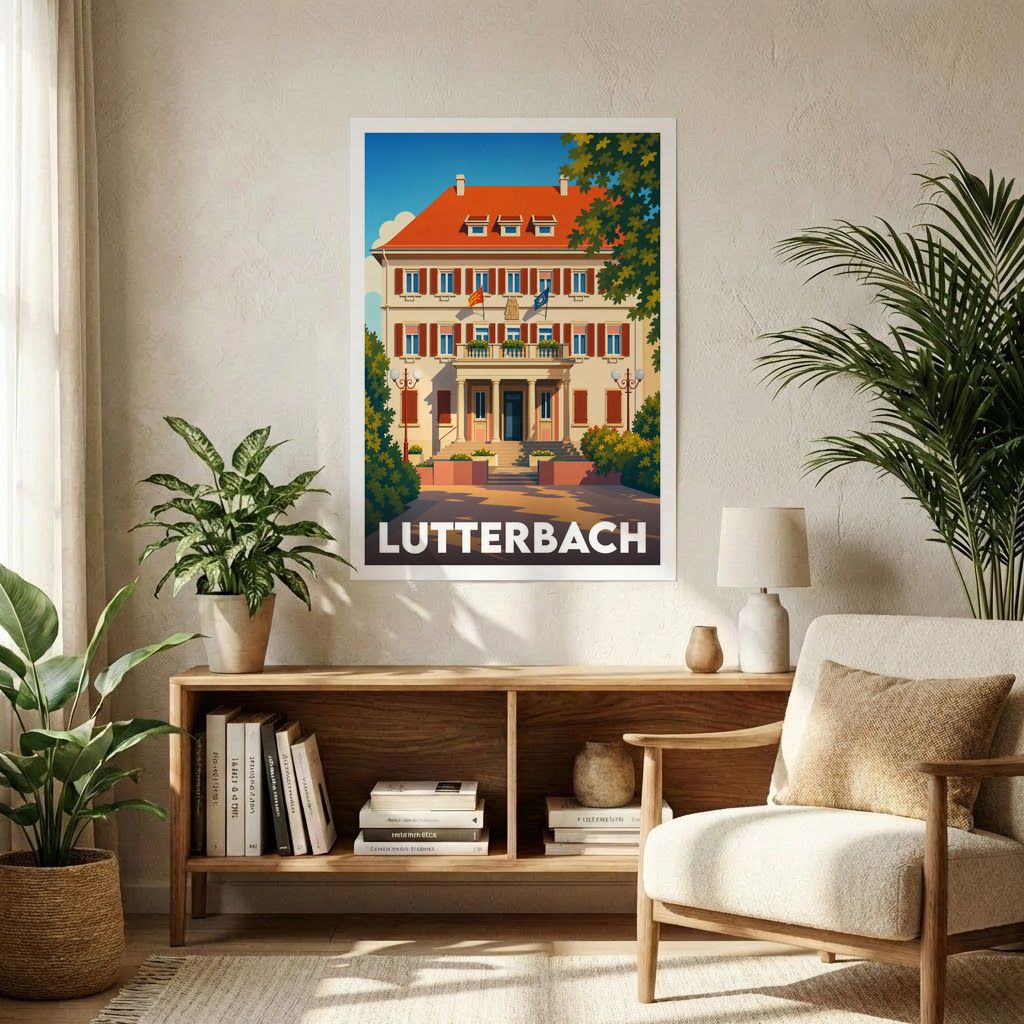 Affiche souvenir de la ville de Lutterbach représentant une illustration stylisée de l'hôtel de ville dans un décor intérieur moderne.