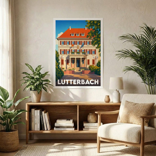 Affiche souvenir de la ville de Lutterbach représentant une illustration stylisée de l'hôtel de ville dans un décor intérieur moderne.