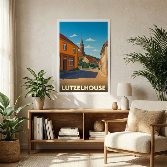 Affiche souvenir de la ville de Lutzelhouse avec une illustration stylisée et colorée de ses rues et de son clocher.
