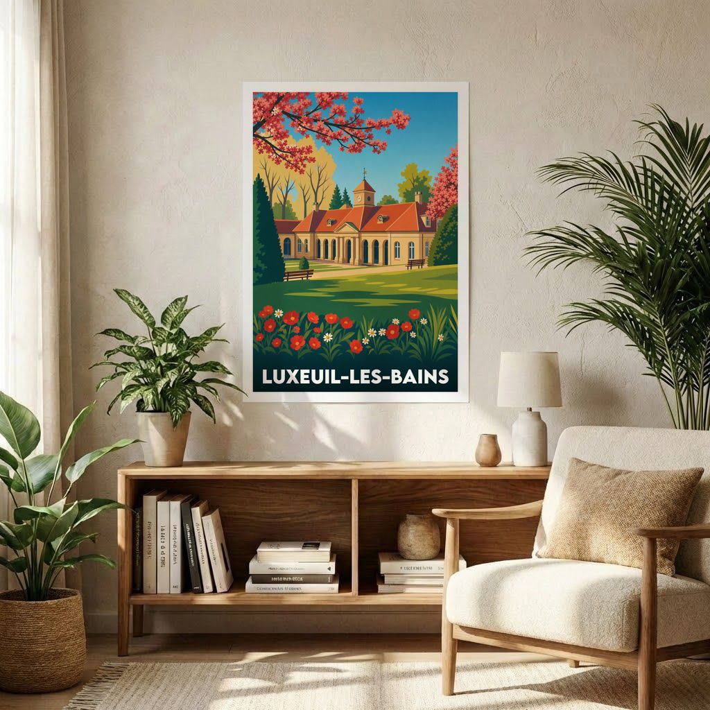 Affiche souvenir de la ville de Luxeuil-les-Bains avec une illustration stylisée de son établissement thermal.