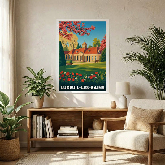 Affiche souvenir de la ville de Luxeuil-les-Bains avec une illustration stylisée de son établissement thermal.