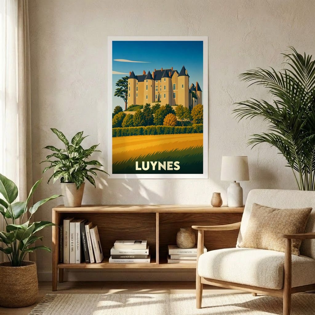 Affiche souvenir de la ville de Luynes présentant une illustration stylisée de son château médiéval surplombant un paysage rural.