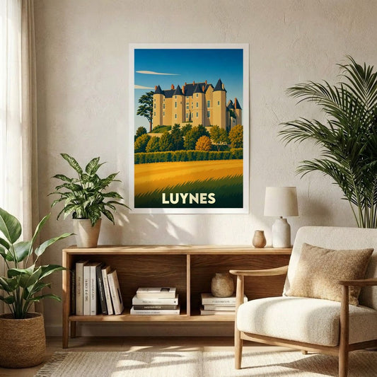 Affiche souvenir de la ville de Luynes présentant une illustration stylisée de son château médiéval surplombant un paysage rural.